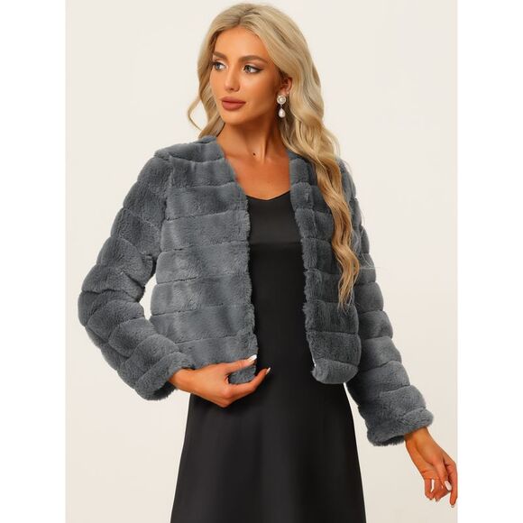 Winter Warm Cropped Jacket Collarless Faux Fur Fluffy Coat Gray - Picture 2 of 5